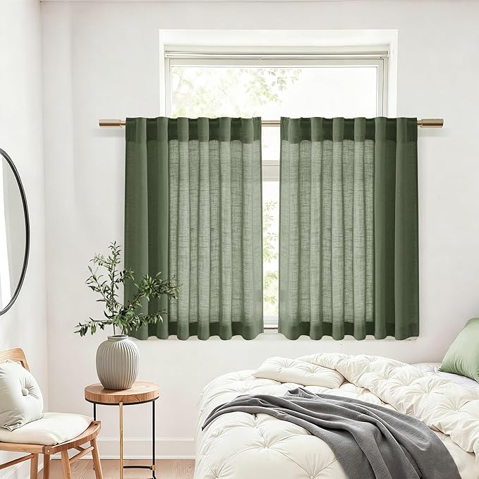 Nanspring Short Linen Curtains 36 Inch Length for Kitchen Windows Over Sink Olive Green Light Filtering Back Tab and Rod Pocket Neutral Curtains for Cafe Basement 30 x 36 Inch,2 Panels