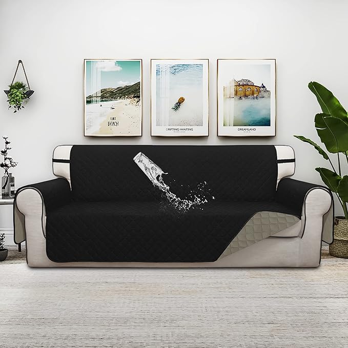 ISSUNTEX Double Protection 100% Waterproof Sofa Covers for Living Room, Couch Covers for 3 Cushion Couch Sofa, Reversible Furniture Protector Sofa Cover for Dogs (Oversized Sofa, Black/Beige)