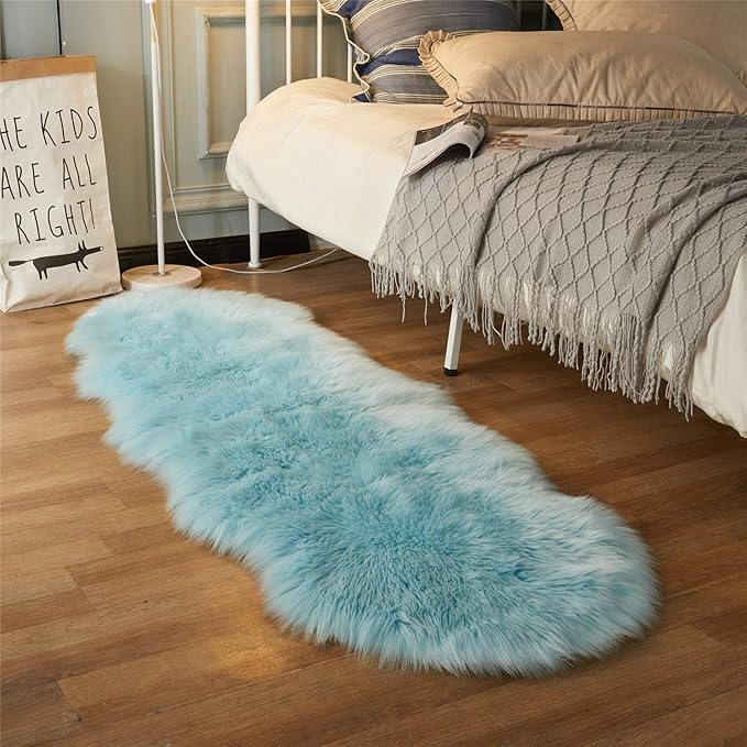 EasyJoy Ultra Soft Fluffy Shaggy Area Rug Faux Fur Rug Chair Cover Seat Pad Fuzzy Area Rug for Bedroom Floor Sofa Living Room (2 x 6 ft Sheepskin, Sky Blue)