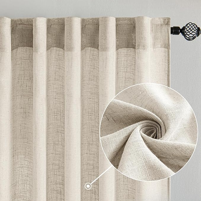 MIULEE Cream Linen Curtains 45 Inch Length 2 Panels for Bedroom Living Room, Soft Linen Textured Window Drapes Semi Sheer Light Filtering Back Tab Rod Pocket Farmhouse Modern Burlap Look Decor