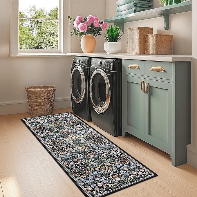 Runner Rug for Entryway: 2.6x8 Kitchen Rugs Non Slip Washable Ultra-Thin Soft Floral Carpet Indoor Stain Resistant Carpets for Hallway Bedroom Kitchen Laundry Bathroom Dorm Dark Black