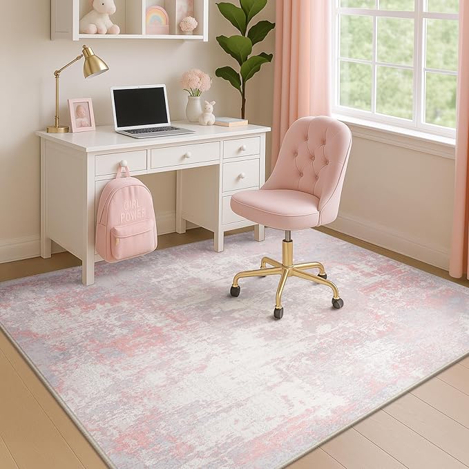 Washable Area Rugs 4'x5' Non-Slip Modern Abstract Soft for Living Room Entryway Bedroom Nursery, Print Pattern, Grey Pink