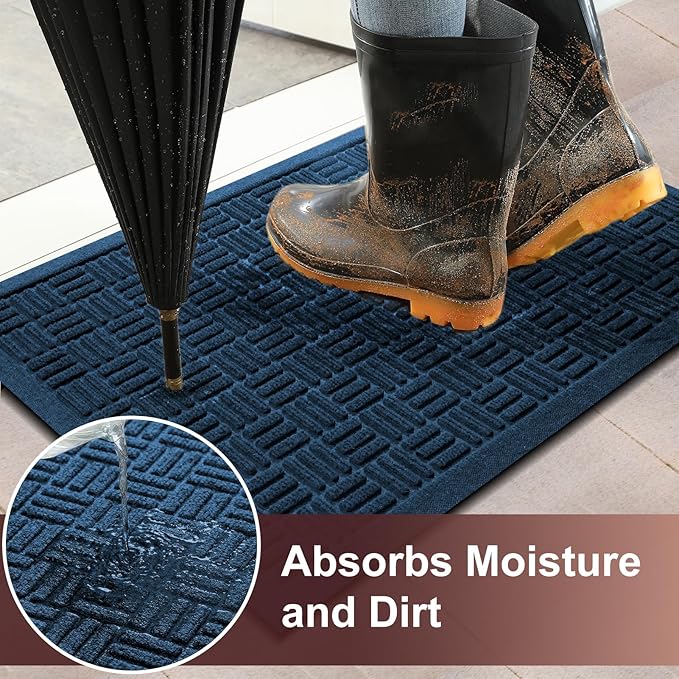 Mibao Front Door Mat Indoor Outdoor Entrance, Dirt Trapping Waterproof All-Season, All-Weather Doormat, Non-Slip Durable Natural Rubber Low Profile Easy Clean Patio Entrance Mat, 61.5" x 36", Blue