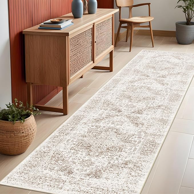 Washable 2'6''x8' Runner Rug - Non-Slip Vintage Runner Rug for Entryway Low-Pile Medallion Long Rugs for Hallway Waterproof Traditional Indoor Thin Rug for Kitchen (Cream/Beige)
