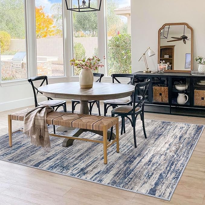 KOZYFLY Area Rug 6x9 Modern Ombre Thin Rugs for Living Room, Washable Large Rugs Non-Slip Soft Striped Rug for Bedroom, Print Grey-Blue Abstract Carpet for Laundry/Kid Room