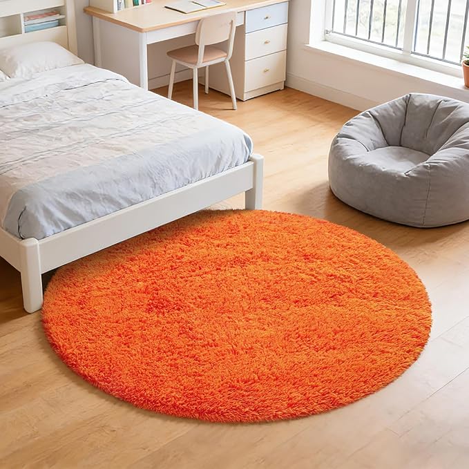 Orange Fluffy Round Rug,Soft Area Rugs for Girls Room,Shaggy Rugs 6'X6' for Living Room,Non Slip Circle Rug for Kids Bedroom,Shag Plush Nursery Carpets,Fuzzy Plush Rug for Dorm,Cute Room Decor Carpet