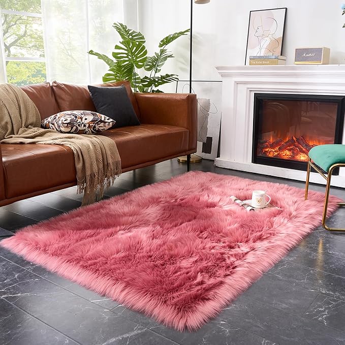 EasyJoy Ultra Soft Fluffy Shaggy Area Rug Faux Fur Rug Chair Cover Seat Pad Fuzzy Area Rug for Bedroom Floor Sofa Living Room (4 x 6 ft Rectangle, BlushPink)