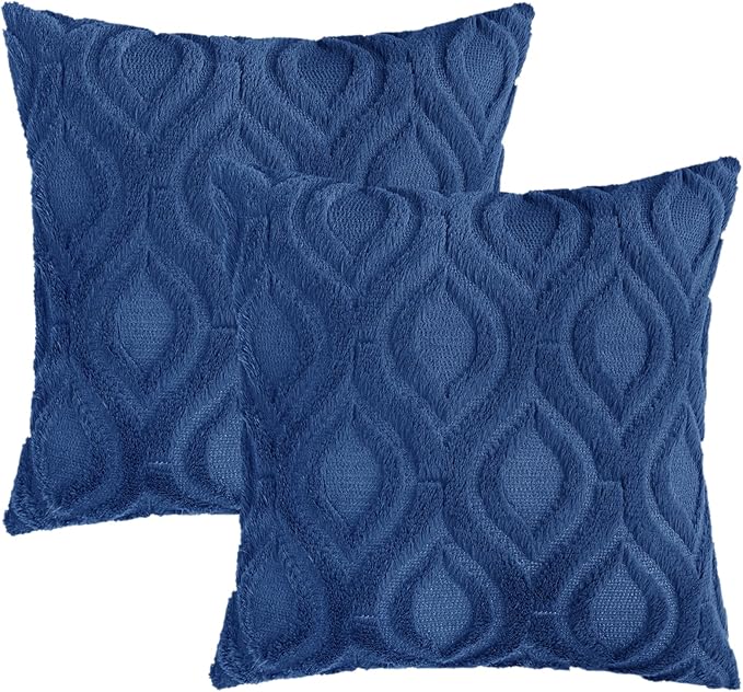 decorUhome Throw Pillow Covers 18x18 Inch Set of 2, Soft Plush Faux Wool Dark Blue Solid Couch Pillow Covers, Accent Farmhouse Neutral Square Pillow Cases for Sofa Bed Living Room