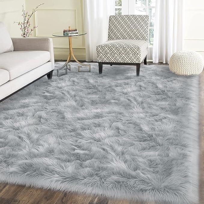 Latepis 5x8 Gray Area Faux Fur Rug for Living Room Sofa Floor Washable Fluffy Rugs Fuzzy Rugs for Bedroom Dorm Luxury Home Decor