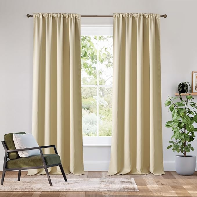 RYB HOME Bedroom Blackout Curtains 80 inches Long, 100% Blackout Thermal Insulated Noise Reducing Curtains for Living Room Nursury, 42 inches Wide by 80 inches Long, Biscotti Beige