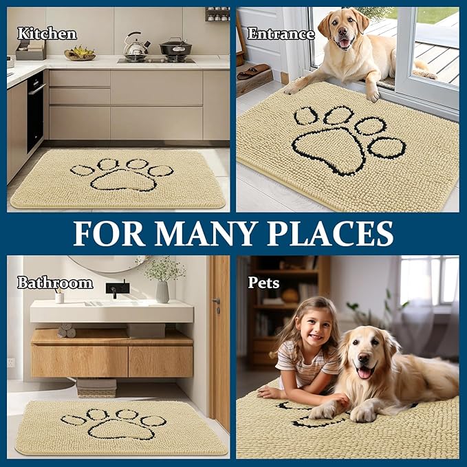 OLANLY Dog Door Mat for Muddy Paws 36x24, Paw Print Design, Absorbs Moisture and Dirt, Absorbent Non-Slip Washable Doormat, Quick Dry Chenille Mud Mat for Dogs, Entry Indoor Entryway Carpet, Sand
