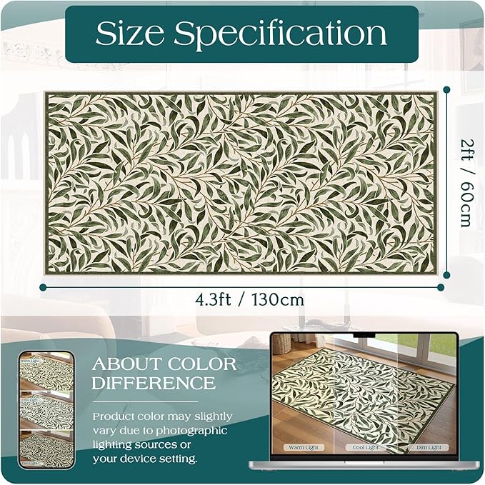 Front Door Mat Indoor Entrance - 2x4.3 Ft Boho Washable Layered Doormat Outdoor Entrance Porch Rug Non-Slip Spring Sage Green Leaf Runner Rug for Kitchen Bedroom Laundry Room Porch Decor