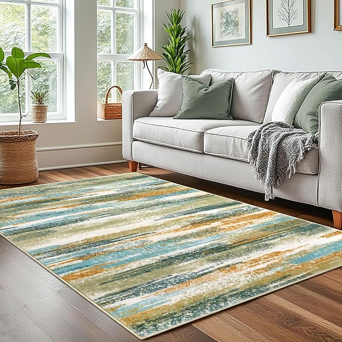 Lansny Modern Abstract 4x6 Living Room Washable Rug Non-Slip Soft Bedroom Area Rug Green Mustard Multi Thin Print Faux Wool Floor Carpet Throw Rugs for Nursery Playroom Dining Room Indoor Office