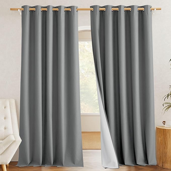 NICETOWN 100% Absolutely Blackout Linen Curtains with Thermal Insulated White Liner, Dove Grey, W62, 2 Pieces, Noise Reducing Textured Linen Look Curtains for Windows 95 inch Length for Classroom