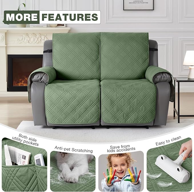 TAOCOCO 100% Waterproof Loveseat Recliner Covers 2 Seater, Split Loveseat Covers for Reclining loveseat, Non Slip Reclining Couch Cover with Double Straps for Kids, Pets(2 Seater, Bean Green)