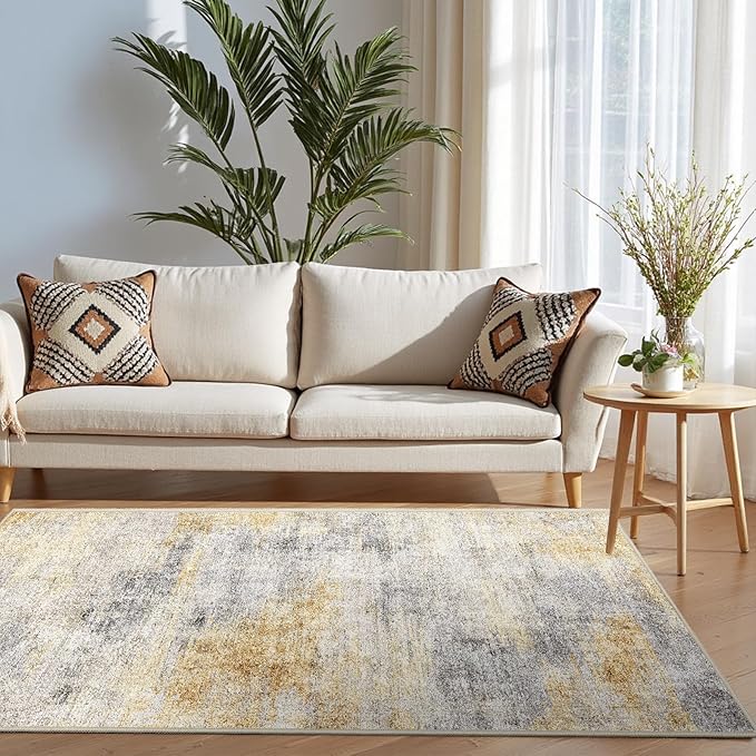 3x5 Washable Entryway Area Rug: Modern Abstract Small Runner Rug Indoor Soft Non Slip Rug for Living Room Low Pile Thin Floor Carpet for Kitchen Dining Room Bedroom Home Office Decor(3x5,Grey/Yellow)