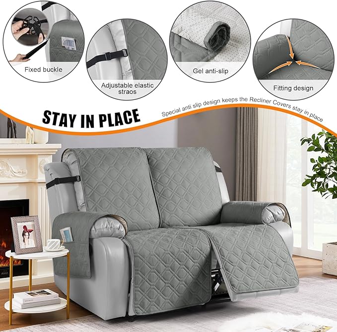 VANSOFY Waterproof Recliner Couch Covers, Sofa Covers 1-Piece Washable Reclining Sofa Cover Non-Slip Furniture Protector with Elastic Straps Pocket for Dogs, Pets(Gray,2 Seater)