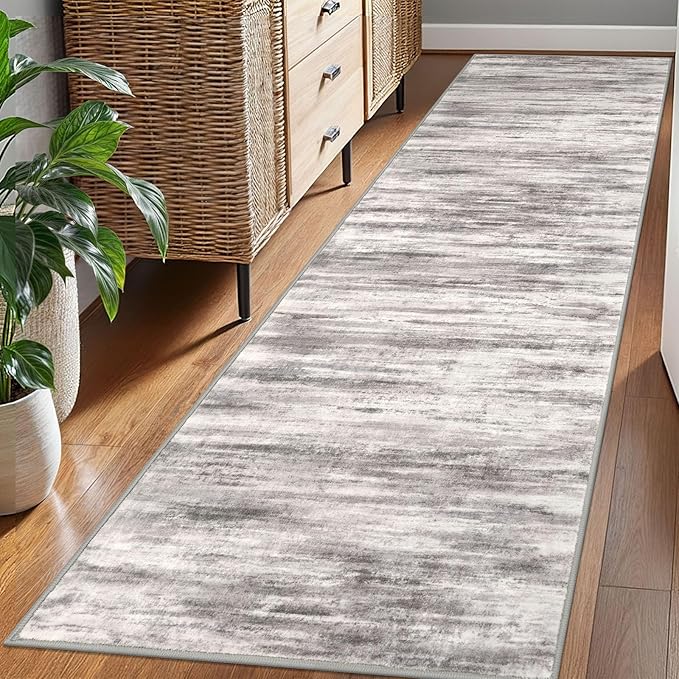 KOZYFLY Modern Abstract Hallway Runner Rug, 2.6x8 Washable Rug Runner Non-Slip Soft Striped Kitchen Runner Rugs, Print Grey/Light Beige/Brown Carpet Runner for Entryway Bathroom