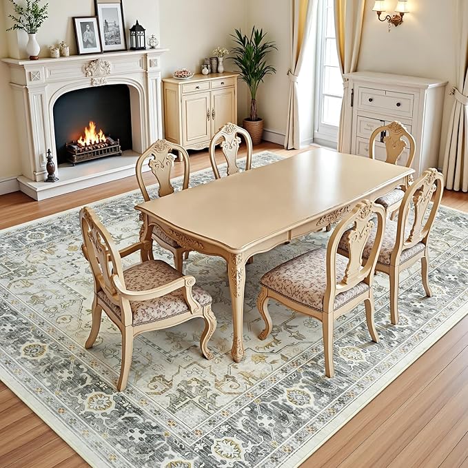 Lofus 8x10 Area Rugs for Living Room, Machine Washable Non-Slip Area Rug, Low Pile Large Rugs for Bedroom, Kitchen, Dining Room, Home Office, Vintage Oriental Print Rug, Taupe Grey