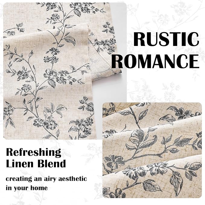 Lazzzy Farmhouse Linen Curtains Extra Long Black Floral Curtains 108 Inch Length Back Tab Drapes for Living Room Bedroom Light Filtering Country Vintage Rod Pocket, 2 Panels, Black on Beige