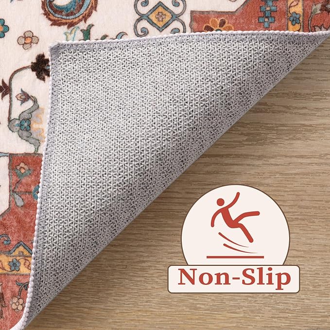 SERISSA Boho Rugs for Entryway, 2x3 Orange Entryway Rug Non-Slip Washable Small Area Rug, Ultra Soft Oriental Vintage Low-Pile Indoor Door Mat Floor Carpet for Entrance Bedroom Kitchen Bathroom
