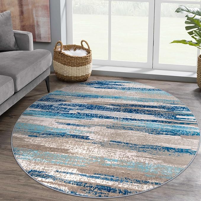 Lansny Modern Abstract Round Rug 5Ft, Blue Round Rug Washable Non-Slip Soft Small Circle Rug, Circular Dining Room Rugs Thin Print Faux Wool Carpet for Bedroom Living Room Office Playroom