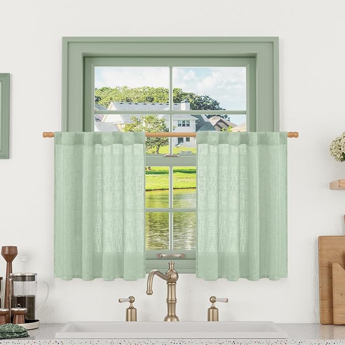 LAMIT Linen Curtains 30 Inch Length for Cafe, Semi Sheer Light Filtering Panels Back Tab and Rod Pocket Neutral Drapes for Basement/Window/Loft Room, Fresh Green, 2 Panels, 34 x 30 Inch
