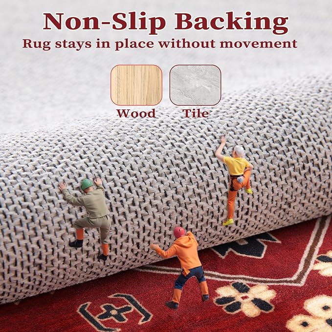 SERISSA Washable Rugs 8x10 Area Rugs, Large Non-Slip Boho Living Room Rug, Ultra Soft Oriental Vintage Red Black Print Distressed Carpet for Dining Room Bedroom Dorm Office Home Decor