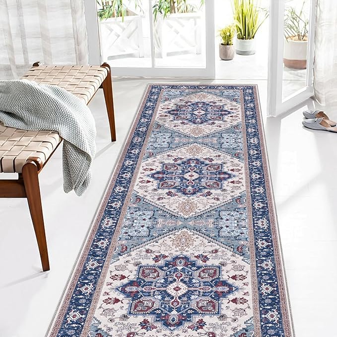 OPPODREAM Soft Entryway Rug 2x8, 2x8 Rug Runner, Washable Hallways Carpet 2 x 8 with Non Slip Backing, Low-Pile Bedside Carpet 2 x 8, Long, Faux Cashmere, Navy Blue & Red & Cream