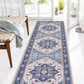OPPODREAM Soft Entryway Rug 2x8, 2x8 Rug Runner, Washable Hallways Carpet 2 x 8 with Non Slip Backing, Low-Pile Bedside Carpet 2 x 8, Long, Faux Cashmere, Navy Blue & Red & Cream