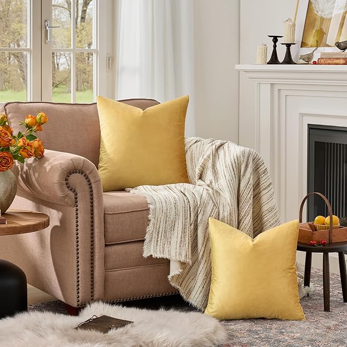 GIGIZAZA Decor Throw Couch Pillow Covers,Set of 2 Sofa Cushion Yellow Pillow Covers,Velvet Pillow Cases 24 x 24inch