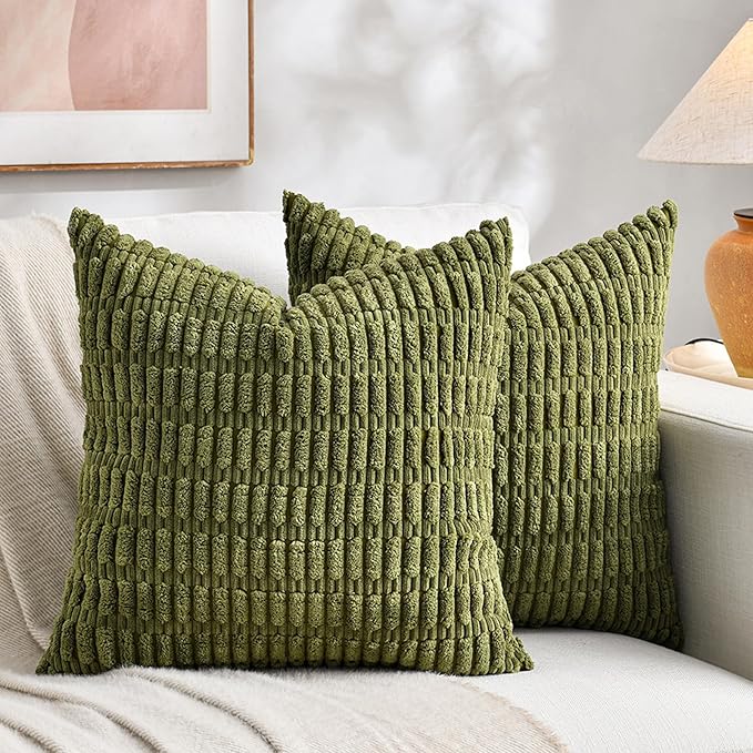 Fancy Homi 4 Packs Boho Moss Green Decorative Throw Pillow Covers 22x22 Inch for Couch Bed Sofa, Rustic Modern Farmhouse Home Decor, Soft Plush Corduroy Cute Square Cushion Case 55x55 cm
