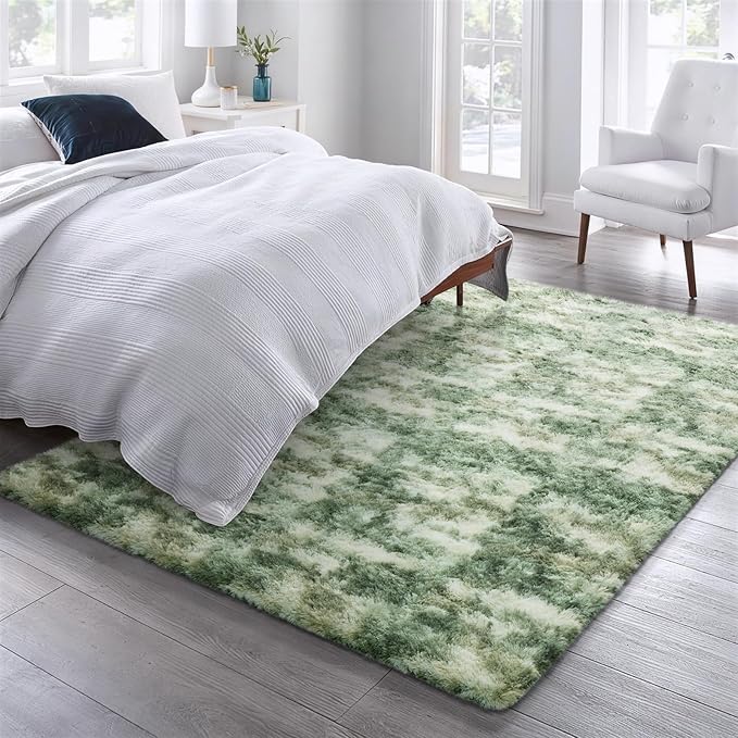 Ophanie Green and White Area Rugs for Living Room 6x9, Fluffy Shag Large Fuzzy Plush Soft Carpets, Floor Shaggy Rugs for Bedroom, Carpet for Kids Boys Girls Dorm Nursery Home Decor Aesthetic