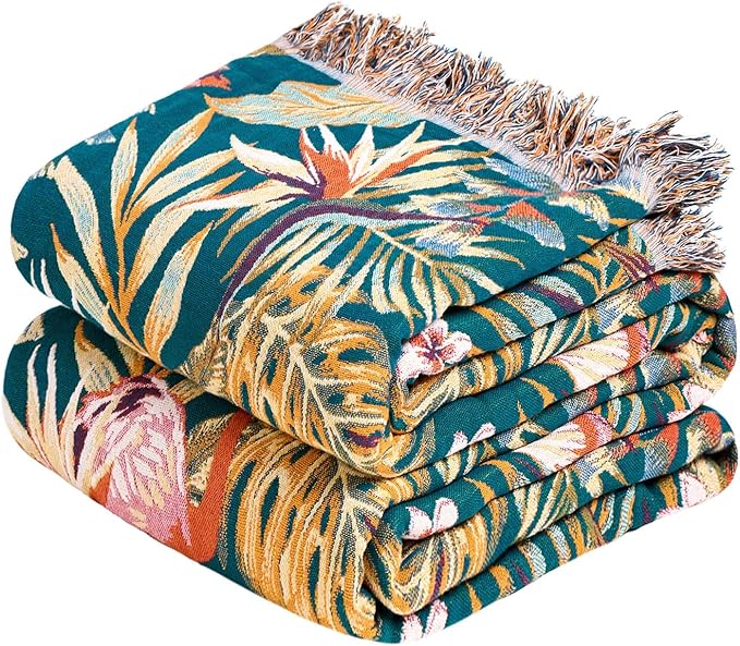 MSGKV Boho Throw Blanket for Couch 50"x60" 100% Cotton Jungle Animal Blanket Spring Breathable Lightweight Blankets for Sofa Home Decor Muslin All Seasons