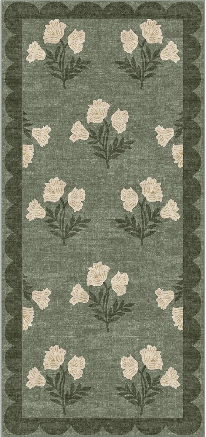 Front Door Mat Indoor Entrance - 2x4.3 Ft Floral Washable Layered Doormat Outdoor Entrance Porch Rug Non-Slip Sage Green Boho Runner Rug for Kitchen Hallway Bedroom Laundry Room Porch Decor