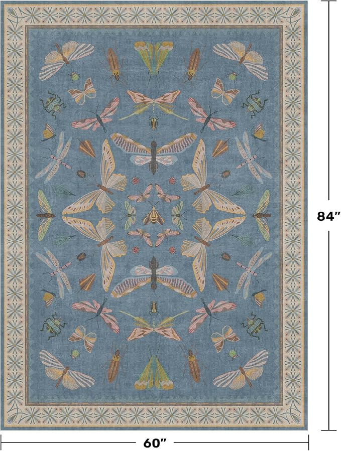 Hazo Haus 6x9 Blue Floral Rug for Dining Room Table - Area Rugs for Living Room, Bedroom, Insect Moth Art Nouveau Décor, Washable Lightweight Foldable Non Slip