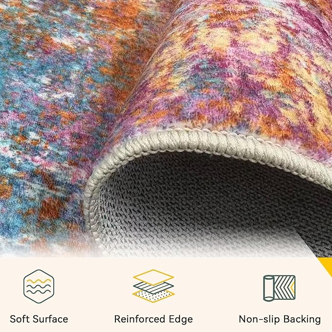 Washable Area Rugs Square 8ft Non-Slip Modern Abstract Soft for Living Room Entryway Bedroom Nursery, Print Pattern, Orange Blue Pink Yellow Colorful