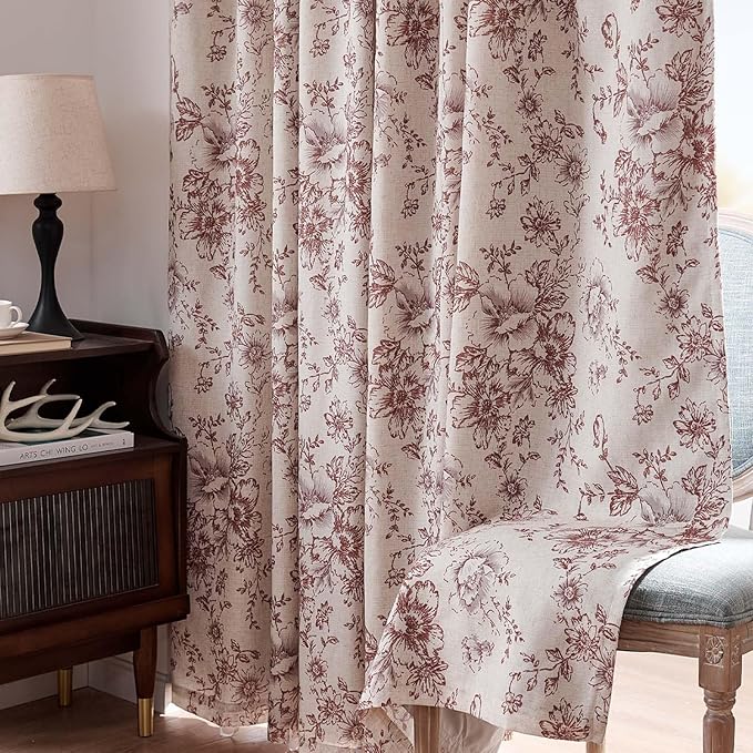 jinchan Blackout Floral Curtains for Living Room Bedroom Linen Blend Curtain Farmhouse Brick Red Printed with Lined Back Tab Rod Pocket Drapes Window Treatments 2 Panels 90 Inch
