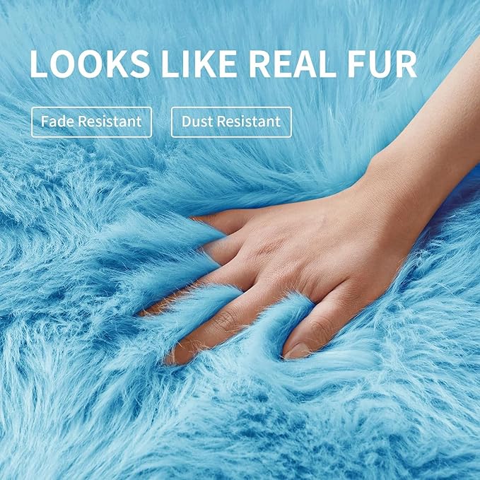 Faux Fur Rug for Bedroom, Fluffy Runner Rugs Soft Sheepskin Rug Sofa Couch Seat Cushion, 2x6ft Sky Blue Plush Area Rug Shag Rugs Floor Carpets for Nursery Bedside, Cute Shaggy Fuzzy Home Decor
