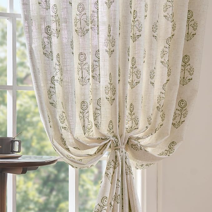 jinchan Linen Floral Curtains for Living Room 96 Inch Length Green Flower Cottage Core Farmhouse Curtains Rod Pocket Back Tab Boho Semi Sheer Window Drapes Bedroom Set 2 Panels Green on Beige