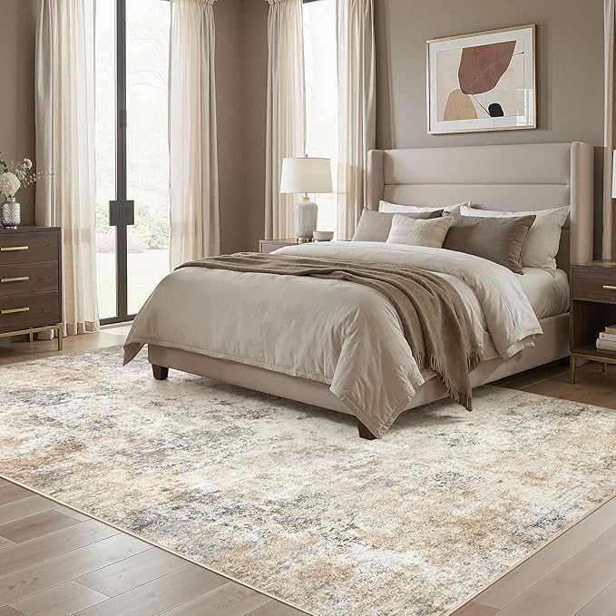 UERMEI 10x12 Area Rug Living Room Rugs - Washable Neutral Modern Abstract Soft Thin Large Rug Indoor Floor No Slip Rug Carpet for Bedroom Under Dining Table Home Office Decor - Golden Grey