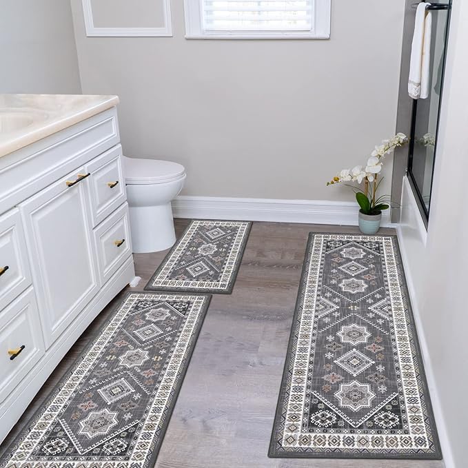 HEBE Boho Kitchen Rug Sets 3 Piece with Runner Non Slip Kitchen Rugs and Mats Washable Kitchen Mats for Floor Thick Kitchen Floor Mat Carpet Runner Rugs for Hallway Laundry Holiday Decor