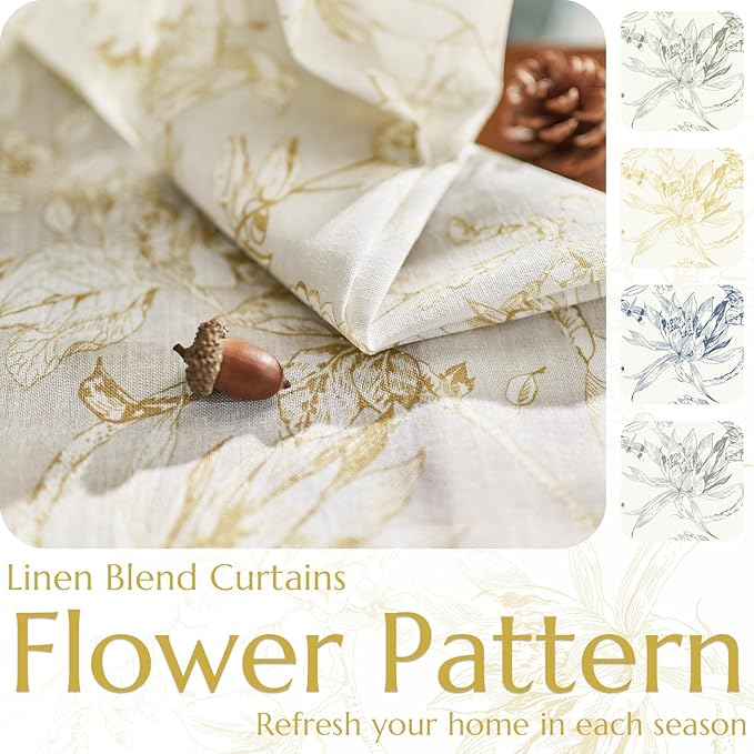 jinchan Floral Curtains 96 Inches Long Mustard Yellow Flower Linen Farmhouse Curtain for Living Room French Country Vintage Curtain Rod Pocket Curtains Set 2 Panels Floral Printed