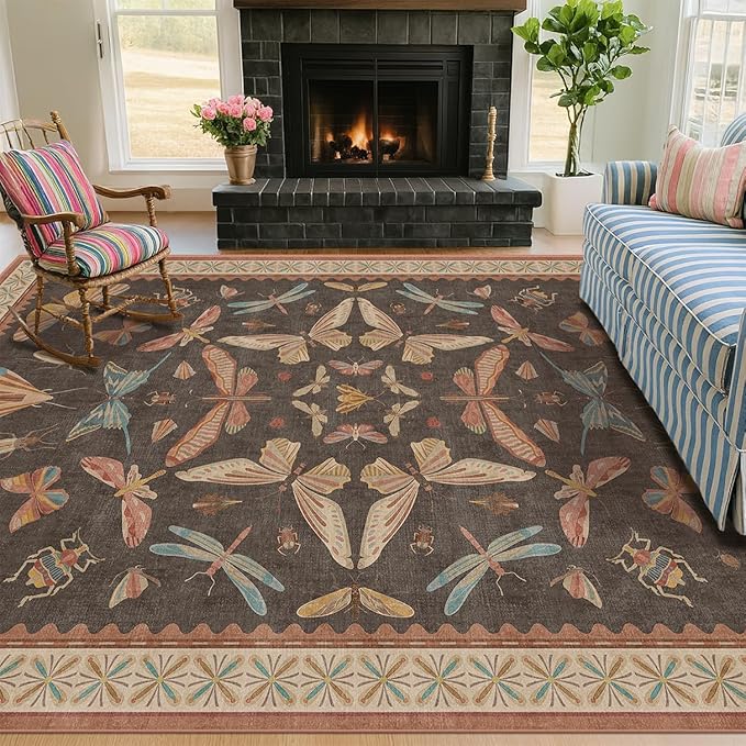5x8 Brown Rugs for Living Room, Soft Boho Rugs for Bedroom, Non Slip Dining Room Carpet for Under Table, Vintage Farmhouse Home Décor, Low Pile Stain Resistant Mat