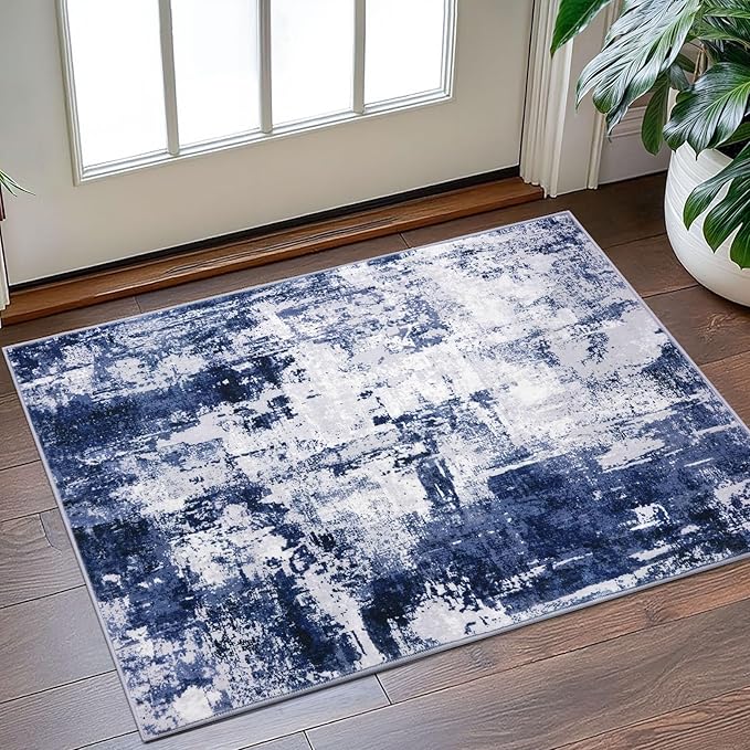 KOZYFLY Small Area Rug 2x3 Rug Entryway Rugs Indoor Non-Slip Modern Abstract Machine Washable Rug Navy Blue, Kitchen Mats for Floor Front Door Rug with Low Pile Small Carpet Floor Mats for Home
