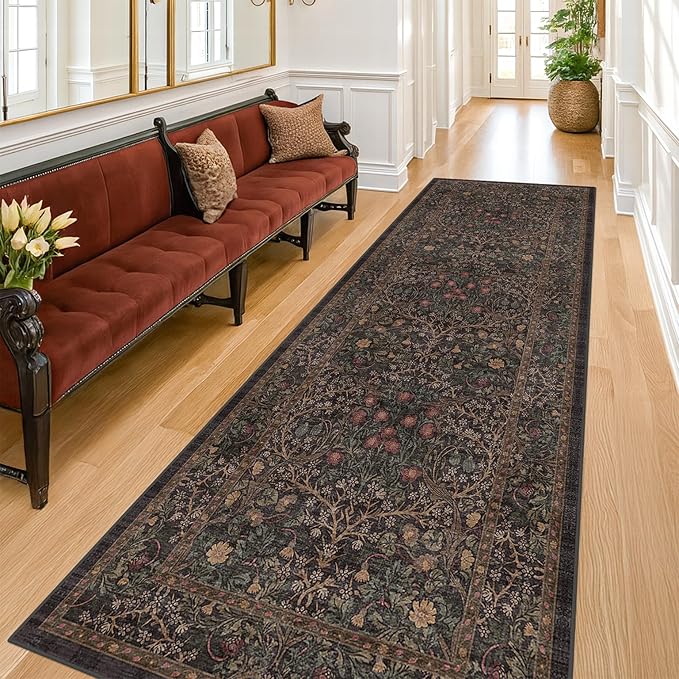 Dark Brown 2'6" x 8' Runner Rug for Hallways Non Slip, 8ft Extra Long Floor Runner for Kitchen, Entryway Indoor, Washable Rubber Backing Stain Resistant - Vintage Dark Botanical Floral Décor