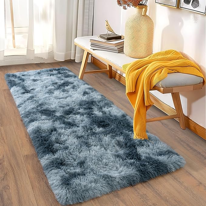 Soft Runner Rugs for Bedroom Hallways, 2x5 Tie-Dyed Blue Grey Fluffy Shag Throw Area Rug Non Slip for Bedside Dorm, Long Shaggy Furry Carpet for Nursery Living Room