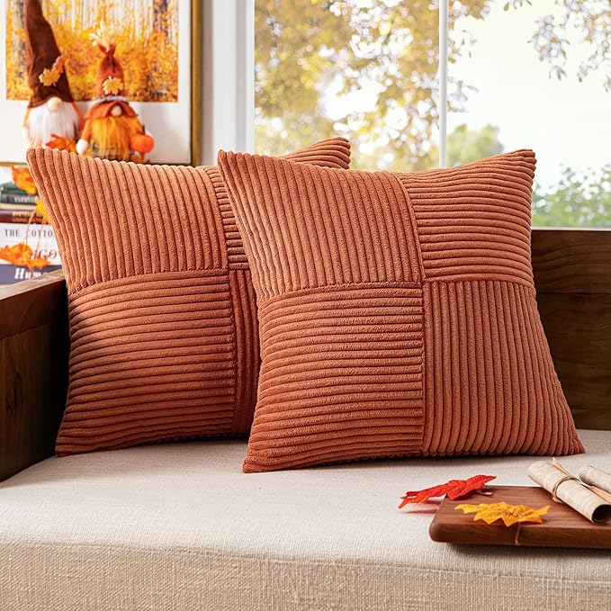 MIULEE Rust Decorative Throw Pillow Covers 16x16 Inch for Couch Bed Sofa Pack of 2 Boho Farmhouse Throw Pillows Soft Cross Corduroy Patchwork Textured Cushion Cases