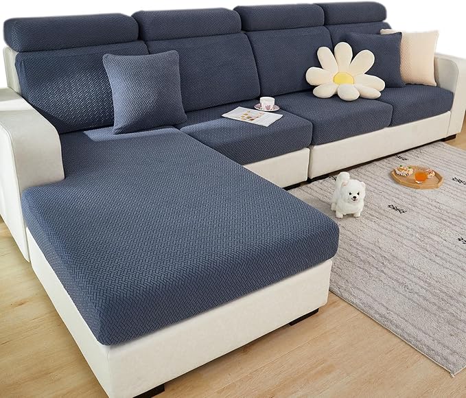 Couch Cushion Covers for Sofa Couch Covers Wear-Resistant Universal Sofa Cover Washable Stretch for Sectional Slipcovers (Texture-Gray Blue,Large Single Seat Cover)