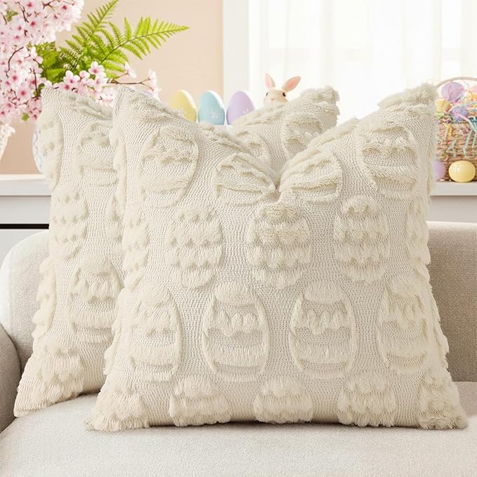 decorUhome Easter Beige Egg Pillow Covers 16x16 Inch Set of 2, Soft Plush Faux Wool Jacquard Cushion Covers, Farmhouse Neutral Fuzzy Spring Easter Holiday Decor for Couch Sofa Bed